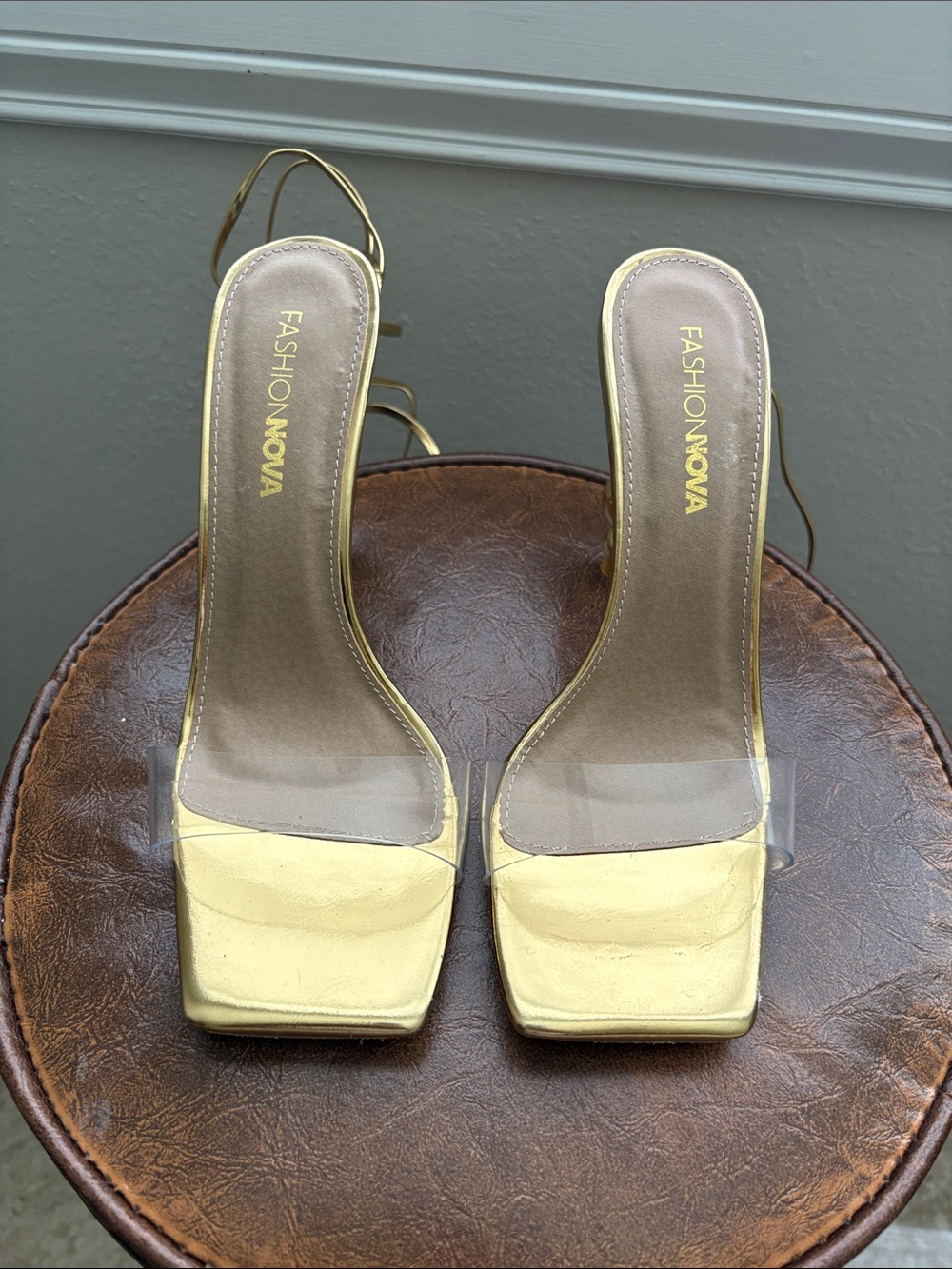 Fashion Nova Gold Clear Strap Square Toe Heels with Ankle Tie